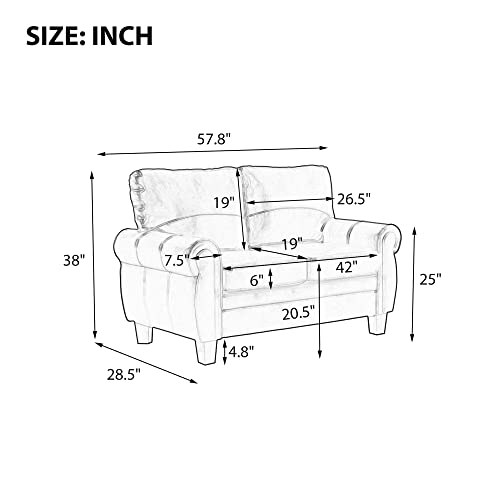 Mid Century Faux Leather Sofa with Scrolled Arm, DEINPPA Sofa Furniture Sets with Upholstered Couch Living Room Furniture Sets for Home or Office (Dark Brown + 2Seat)