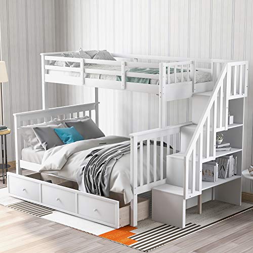 Harper & Bright Designs bunk Bed Twin Over Full Size with Drawers,Storage Shelf and Stairway Wood Bunk Beds for Kids and Teenagers,Kids Bed with Full-Length Guard Rail,No Box Spring Needed, White