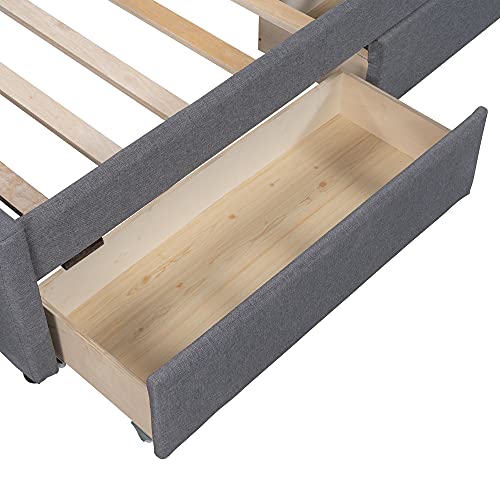 Twin Platform Bed with Headboard and 2 Drawers, Linen Upholstered Daybed Frame No Box Spring Needed, Easily Assemble (Gray with Drawers)