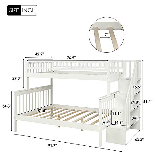 Solid Wood Twin Over Full Bunk Beds , Kids Bunk Bed Twin over Full Size With Stairs and Storage Shelves ,White Bunk Beds