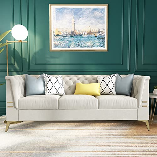 WILLIAMSPACE Chesterfield Sofa 3 Seater Beige Couches Upholstered Tufted Velvet Sectional Sofa for Living Room/Office/Apartment