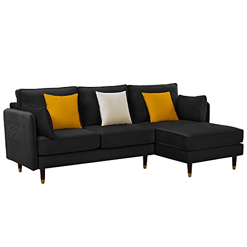 Etstodv Reversible Sectional Sofa Modern Velvet L Shaped Couch with Chaise, 5 Pillows and Side Pockets, for Living Room Apartment, Black