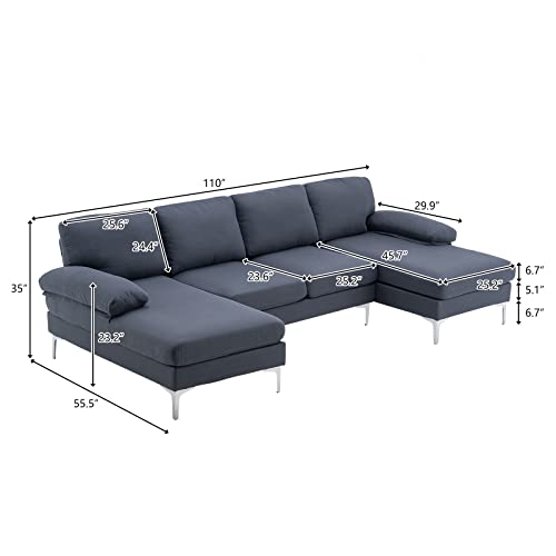 U-Shaped Fabric Sectional Sofa with Two Imperial Concubine, Iron Feet 4 Seats Indoor Modular Sofa Couches (Dark Gray)