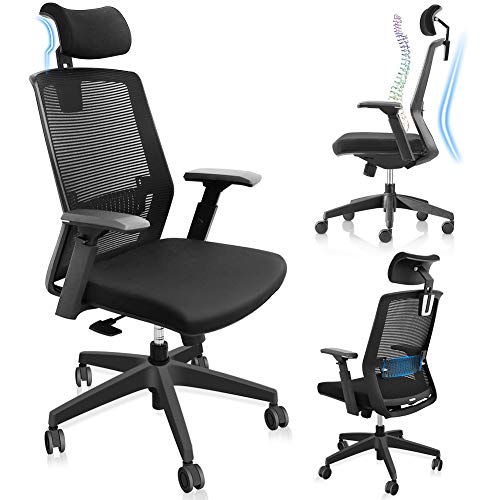 LONGOU Ergonomic Office Chair, Home Office Mesh Chair, High Back Desk Chair with Adjustable Lumbar Support & 3D Armrest & Seat Height, Tilt Function, Swivel Silent Rolling (Black)