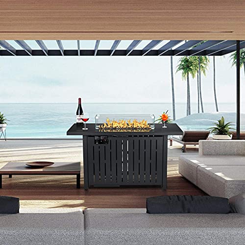 NAVINE Outdoor Propane Gas Fire Pit Table CSA Approved Safe 60,000BTU Auto-Ignition Propane Gas Fire Table - Glass Wind Guard Black Tempered Glass Tabletop Original Volcanic Rock. (Black)