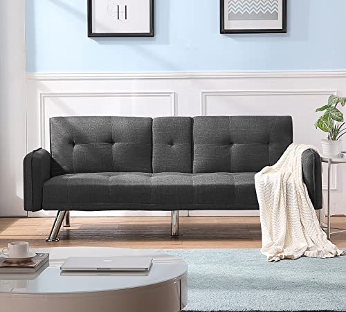DKLGG Futon Sofa Bed Convertible Sofa Couch, Modern Loveseat Sleeper Futon Couch with 2 Cup Holders, Convertible Folding Sofa Bed Small Couch for Living Room, Bedroom, Apartment or Dorm(Dark Grey A)