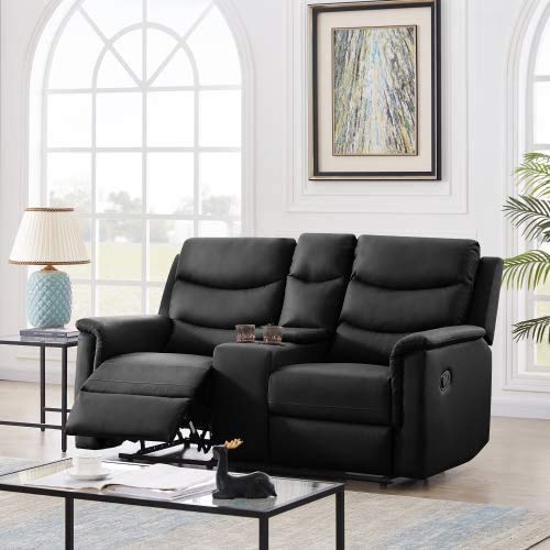 Recliner Sofa Reclining Loveseat Couch Sofa Seat Chair for Living Room - 2 Seater with Cup Holders - Home Theater Seating Manual Recliner Motion Home Furniture, Black PU