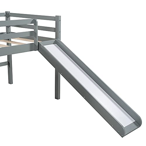 L-Shaped Loft Bed with Slide, Wood Loft Beds for 2 Kids, Twin Size Loft Bed Frame with Built-in Ladders for Girls & Boys (Gray)