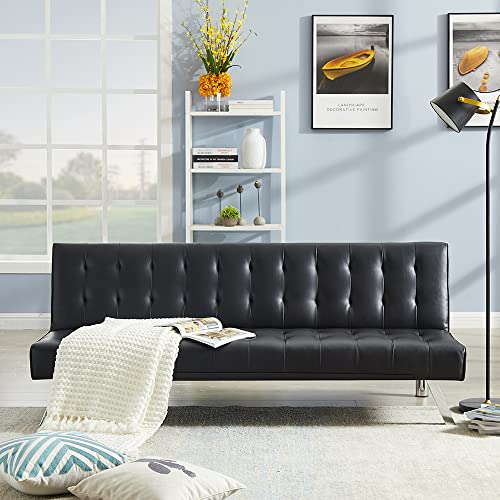 Black PU Sofa Bed, Modern Faux Leather Couch, Convertible Folding Sofa Bed