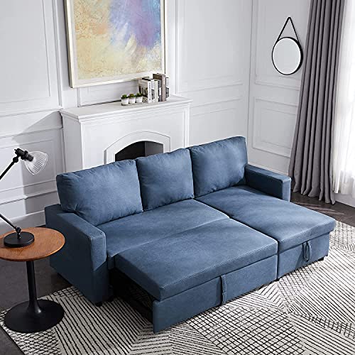 UNIROI Polyester L Shaped Sectional Sleeper Sofa Left/Right Storage Chaise Lounge, 3 Seat Corner Couch Pull-Out-Bed for Living Room Compact Space Funiture, Modern Blue