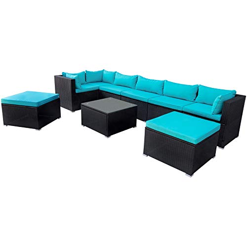 Harper & Bright Designs 9 PCS Patio Furniture Set, Outdoor Sectional Sofa Sets Wicker Conversation Set with Coffee Table, Ottoman Seat Cushions for Backyard, Garden, Poolside, Blue