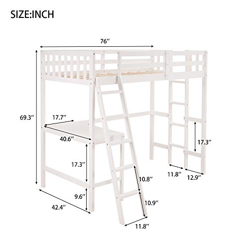 Wooden Loft Bed with 2 Shelves and 40.6 x 17.7inch Desk, Space-Saving Twin Size Loft Bed with 2 Ladders and Guardrails, No Box Spring Needed