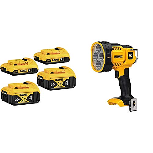 DEWALT 20V MAX Battery, Lithium Ion, 4-Ah & 2-Ah, 4-Pack (DCB3244) & 20V MAX LED Work Light, Pivoting Head (DCL043)