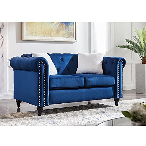 Tufted Velvet Sofa with Scroll Arms,White villose Pillow,3 Piece Living Room Couch Set,Grey/Black/Blue (Blue+Velvet, 2)