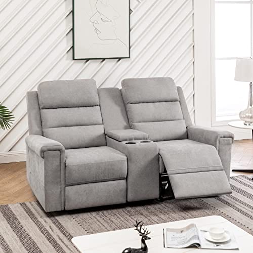 MELLCOM Linen Reclining Console Loveseat, Upholstered Sofa Recliner Chair, Manual Reclining Home Theater Seating with Storage Console Cup Holder, Arm Chair for Living Room Bedroom, Gray