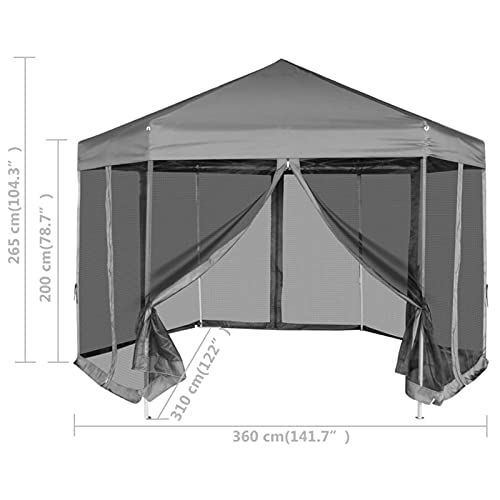 Tidyard Gazebo with Mesh Sidewalls Steel Frame Hexagonal Garden Canopy Tent Pergola Sun Shelter Gray for Patio, Party, Wedding, BBQ, Camping Trip, Festival Events 11.8ft x 10.2ft x 8.7ft (L x W x H)