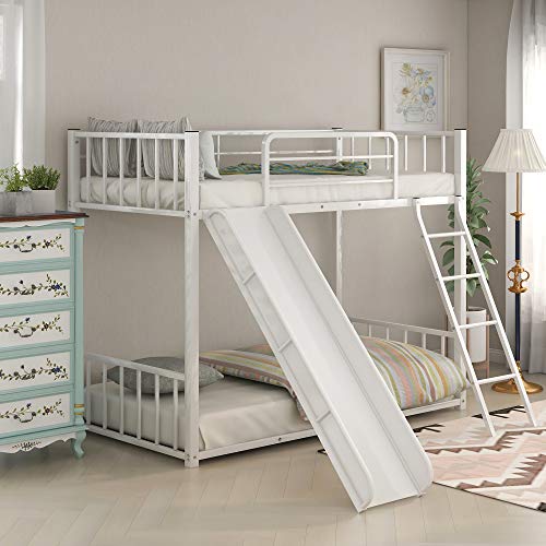 Twin Over Twin Metal Bunk Bed with Ladder and Slide, Heavy Duty Bed Frame with Safety Guard Rails for Kids Teens Adults, White