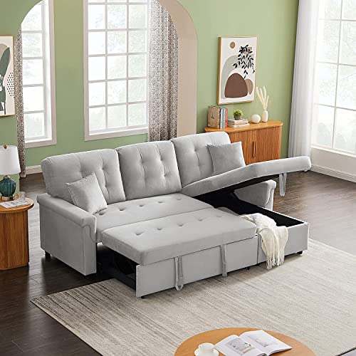 GAOPAN L-Shaped 3-Seat Gray Velvet Sectional Sofa Pull Out Sleeper Couch Bed with Reversible Left/Right Storage Chaise Lounge & 2 Pillows, for Home Apartment Compact Space Living Room Furniture Set