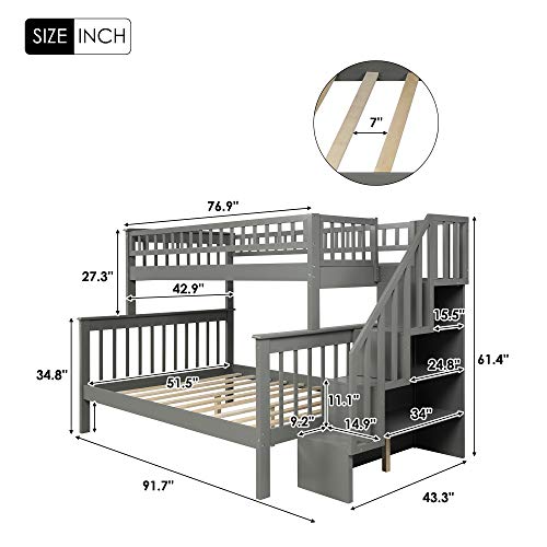 Twin Over Full Bunk Bed, Solid Wood Bed Frame with Stairs and Storage for Kids and Teenagers, Grey