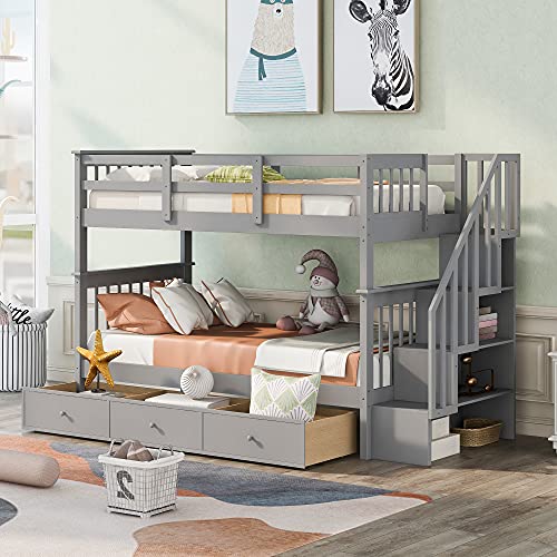 Twin-Over-Twin Bunk Bed with 4 Storage Stairway , 3 Drawers and Guard Rail, Twin-Over-Twin Bunk Bed for Bedroom, Dorm, for Family, Kids, Teens, No Box Spring Needed