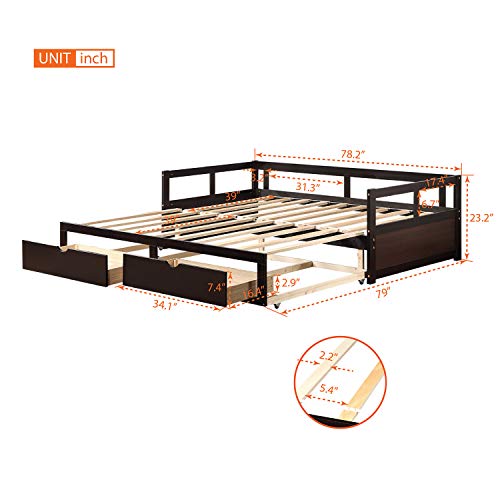 Merax Wooden Daybed Extendable Bed with Trundle Bed and Two Storage Drawers, Sofa Bed for Bedroom Living Room, Espresso