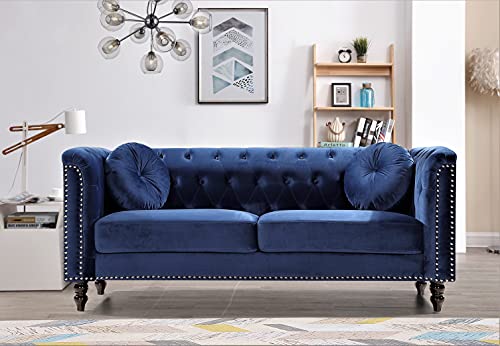 US Pride Furniture Modern Style High Density Foam 75.98'' Wide Dark Blue Velvet Rolled Arm Chesterfield Living Room Removable Cushion & Solid Wood Legs (S5608-5613) Sofas