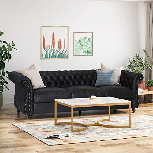 Vita Chesterfield Tufted Microfiber Sofa with Scroll Arms, Black