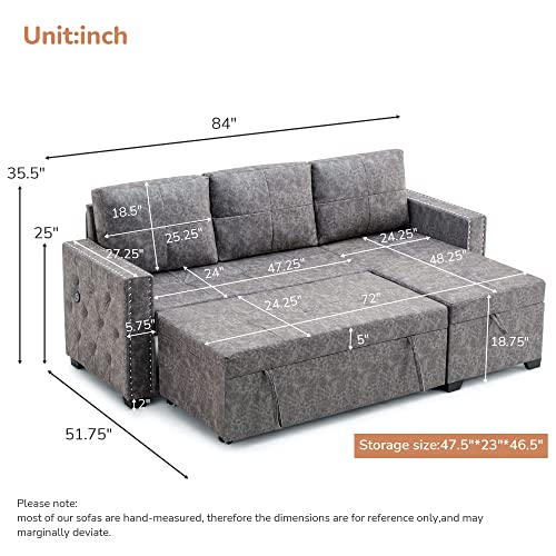 84inch Sleeper Sectional Sofa with Storage and 2 USB Charge Port - Contemporary Nail Head Trimmed Corner Sectional with Pull-Out Sleeper and Chaise,3 Seat Sectional Sofa with Storage