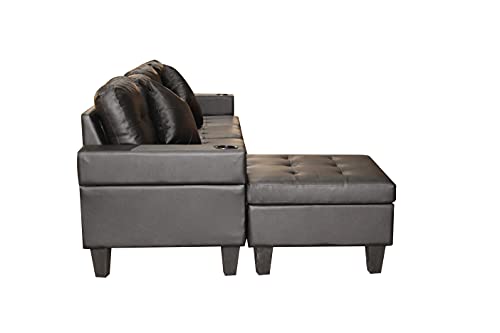 UNIROI 98” L-Shape PU Leather Sectional Sofa W/Reversible, 4 Seat Couch with Left/Right Hand Chaise Lounge, 2 Cup Holders and 2 Throw Pillows Living Room Furniture Set, Black