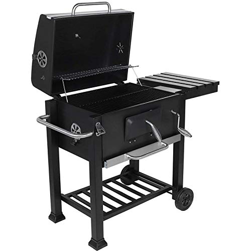 Barbecue Cart Charcoal Grill BBQ Camping Grill Portable Grill for Outdoor Yard Hike Picnic, with Corkscrew, Thermometer, Foldable Side Table and Wheels, Height-Adjustable Fireplace, Black