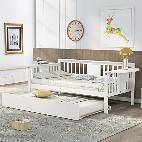 Twin Daybed with Trundle Bed , Wood Twin Size Daybed Frame , Dual-use Sturdy Sofa Bed for Living Room ,Guest Room ,Children Room, No Box Spring Needed,White