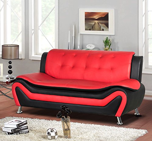 Container Furniture Direct Arul Mid Century Modern Leather Air Upholstered Living Room, Chair, Sofa, Red/Black