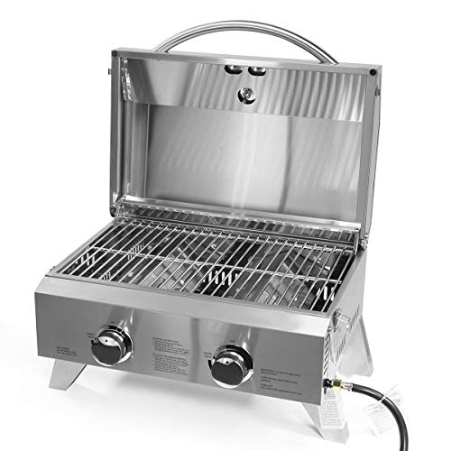Barton Two-Burner Propane Tabletop Gas Grill Stainless Steel BBQ with Foldable Leg, 20000 BTU, Stainless Steel