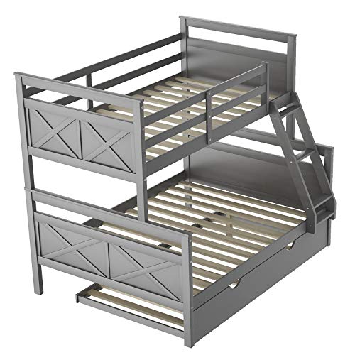 Bunk Beds Twin Over Full Size Solid Wood Bunk Beds for Kids with Built-in Ladder, No Box Spring Required (Grey (with Trundle))