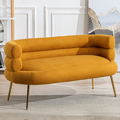 Modern Elegant Loveseat Sofa Creative Upholstered 2-Seater Sofa Couch with Round Back & Arm Stylish Wire Drawing Fabric Love Seats Couches with Gold Legs for Living Room Bedroom Small Space -Mustard