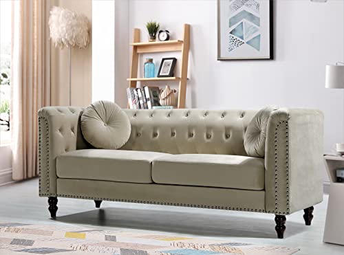 US Pride Furniture Modern Style High Density Foam 75.98'' Wide Cream Velvet Rolled Arm Chesterfield Living Room Removable Cushion & Solid Wood Legs (S5608-5613) Sofas