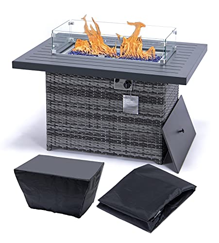 YeSea Propane fire Pit 44 Inch Rectangular fire Pit Table Grey Rattan fire Pit Propane 55,000 BTU Auto-Ignition Outdoor fire pits for Patio Yard with 3mm Aluminum Tabletop (Grey+Cover)
