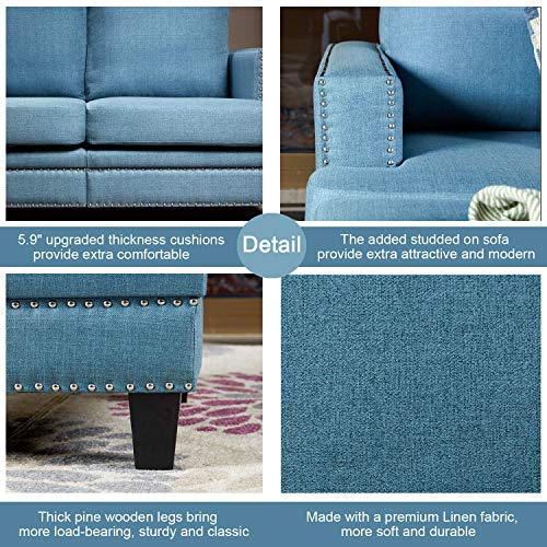 Top Space Loveseat Sofa Modern Upholstered Couch Rivet Style Mid Century Loveseats Casual Arm Chair Living Room Small Space Linen Fabric Furniture(1 PC-2, Blue)