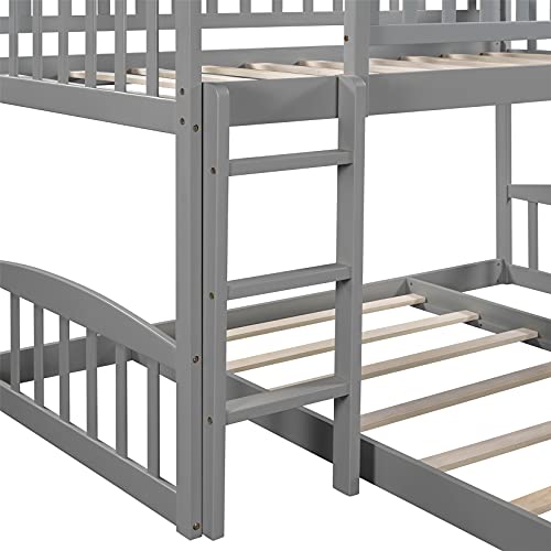 Bunk Bed with Slide, Low Bunk Bed Twin Over Twin Loft Bed Frame for Kids Boys Girls Teens, Gray