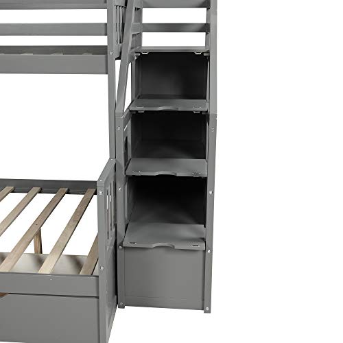 Twin Over Full Bunk Beds, Bunk Beds Twin Over Full with Slide, High Guardrail, No Box Spring Needed (Grey (with Slide))