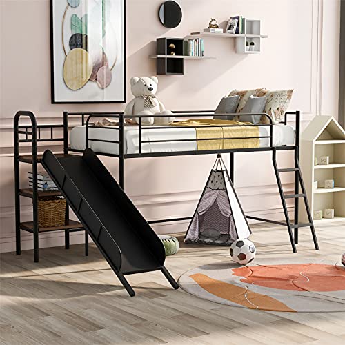 Low Loft Bed with Slide and Storage, Metal Twin Loft Bed, Multifunctional Space-Saving Kids Loft Bed with Built-in Ladder for Toddlers, Girls or Boys ,Black