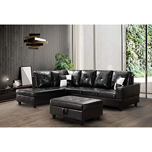 MAFOROB PU Reversible Sectional Sofa Couch for Living Room with Chaise & Ottoman & 2 Pillows, Left Chaise, Black
