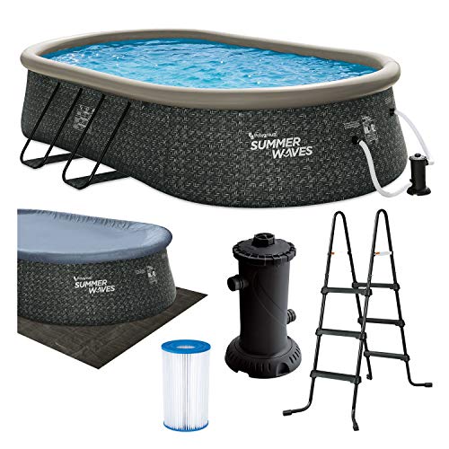Summer Waves P11810421 18 x 10 Foot Oval Quick Set Inflatable Ring Above Ground Swimming Pool with Ladder and Filter Pump, Dark Gray Herringbone Print