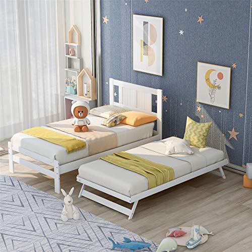 Twin Platform Beds Wooden Twin Bed Frame with Adjustable Trundle, Extendable Twin Bed for Kids Teens Bedroom, White