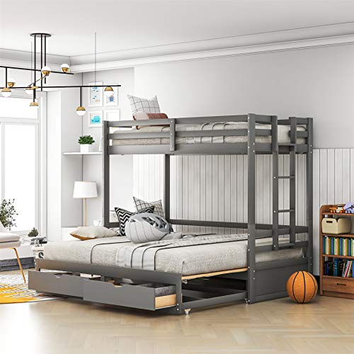 Twin Over Twin/Full/Queen/King Bunk Bed ,New Version Wooden Bunk Bed with Drawers ,Extendable Pull-Out Bunk Bed ，Convertible to Daybed and Loft Bed , Functional Twin Bunk Bed ,Grey
