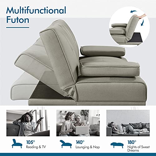 Yaheetech Linen Fabric Sofa Bed Modern Couch Bed Folding Recliner Sleeper Reversible Loveseat Convertible Daybed Sofa w/ 2 Cup Holders Removable Armrests 3 Adjustable Angles 772lb Capacity Beige