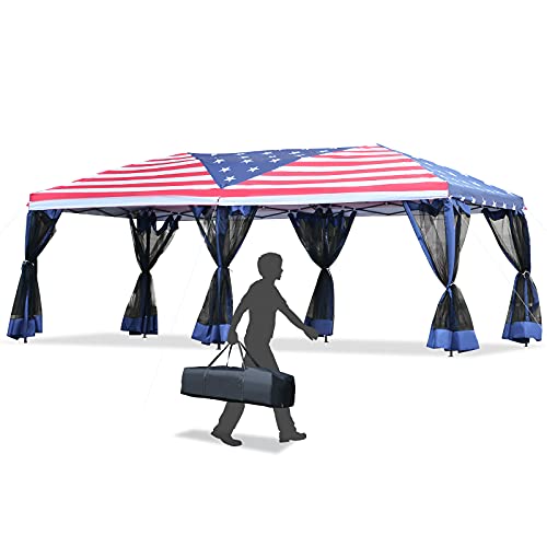 Outsunny 10' x 20' Pop Up Canopy with Mesh Screen Sidewalls, Outdoor Party Tent Gazebo with Oxford Fabric Roof, American Flag