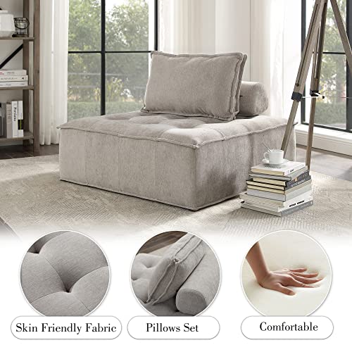 Fat Ant Fabric Upholstered Sectional Sofa Cube Accent Seat, Mid Century Modern Square Modular Sectional Sofa Couch with Two Removable Non-Slip Pillows, Living Room Sofa Set, Beige, 1 Pcs