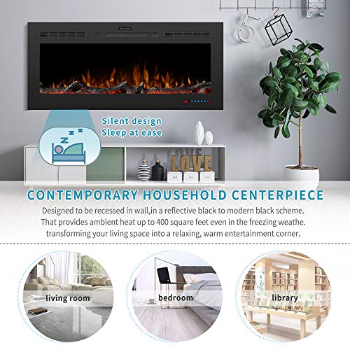 Harper & Bright Designs Electric LED Recessed Fireplace with Remote Control, Adjustable Heating and Touch Screen 1500W, 50 inch, Black