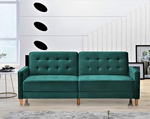 US Pride Furniture Classical Style Soft Square Arm 80’’ Wide Emerald Green Velvet Tufted Twin Size Convertible Sofa Bed with Solid Wooden Legs & High Density Foam (SB9074-9080) Sofabed
